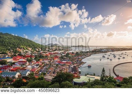 Marigot, St. Martin town skyline in the Caribbean at dusk.