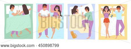 Couple Sleep Poses. Man And Woman Resting Bed, Different Positions, Guy And Girl Characters Night Dr