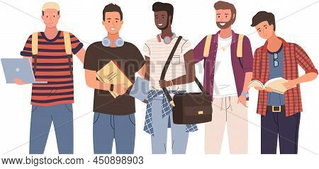 Diverse College, University Students Standing In Line. Group Of Young People, Multicultural Men. Mul