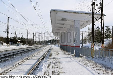 Russia, Chelyabinsk Region, Kisegach Station, February 17, 2022: Empty Passenger Platform, Winter St