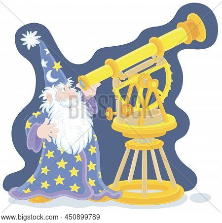 Wizard Astrologer And Astronomer With A Big White Beard Watching Stars And Planets In The Night Sky 