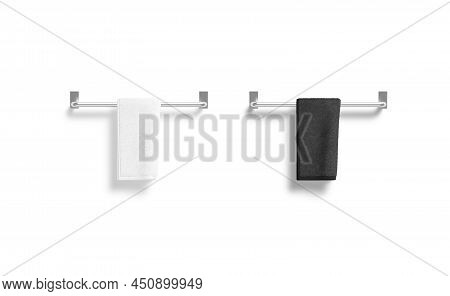 Blank Black And White Twisted Towel On Heated Rail Mockup, 3d Rendering. Empty Electric Heater With 