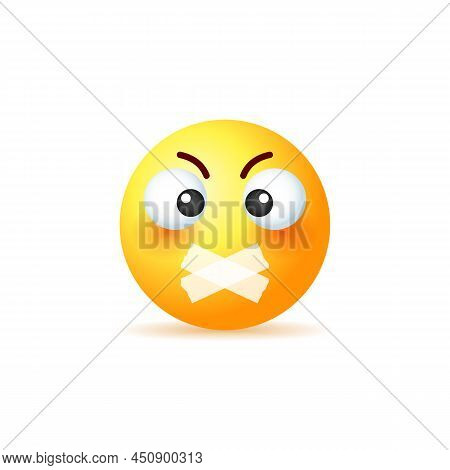 Yellow Emoji With Taped Mouth Isolated On White Background.