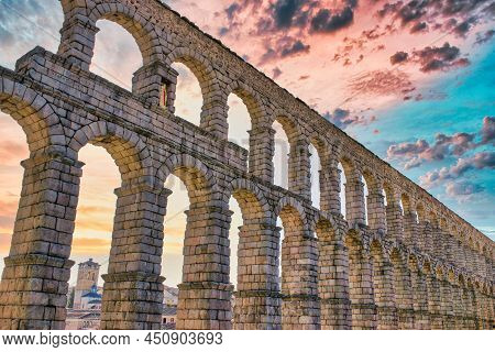 Majestic Roman Aqueduct Of Segovia With Almost Two Thousand Years Old, Spain
