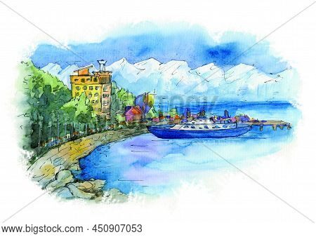 Summer Siberian Landscape, Watecolor Illustration. Landscape Of The Siberian Lake Baikal With A Ship