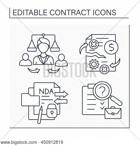 Contract Line Icons Set. Contract Breach, Confidentiality Agreement, Due Diligence, Arbitration. Bus