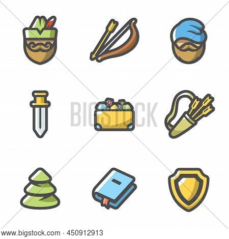 Vector Set Of Forestry Justice Icons. Archer, Bow And Arrow, Poor Man, Sword, Treasure, Quiver, Fore