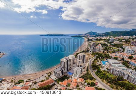 Aerophotography. View From Flying Drone. Panoramic Cityscape Of Becici, Budva, Montenegro. Top View.