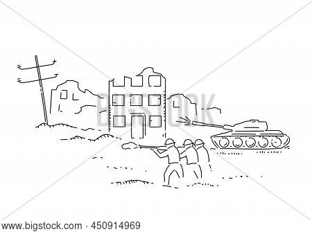 Military Operation In City With Tanks And Soldiers Silhouettes
