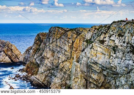 Seascape Of Atlantic Ocean And Asturias Rocky Coast At Cape Penas. Sea Shore With High Cliffs In Nor