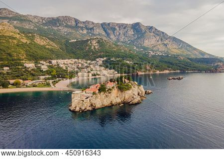 Aerophotography. View From Flying Drone. Panoramic View Of Sveti Stefan Island In Budva In A Beautif