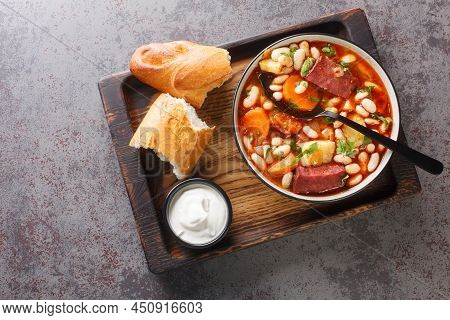 Hungarian Goulash Soup With Beans, Meat And Vegetables Close-up In A Bowl On The Table. Horizontal T