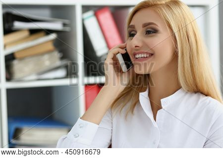 Portrait Of Happy Worker Talk On Phone, Chatting During Work Time, Lazy Employee. Killing Time Befor