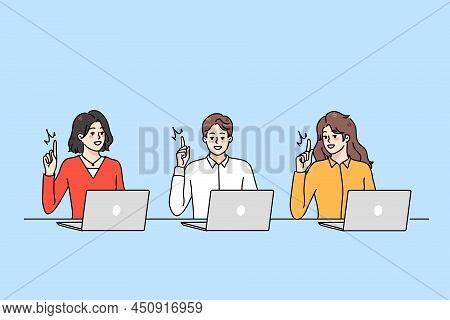 Smiling Diverse People Working On Computer Online Brainstorm Generate Creative Idea. Happy Men And W