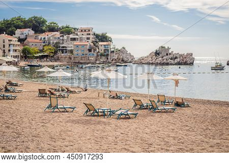 Picturesque Summer View Of Adriatic Sea Coast In Budva Riviera Near Przno Village. Cozy Beach And Bu