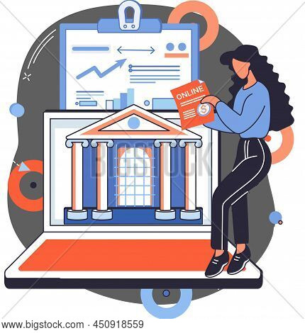 Digital Transaction With Character Doing Web Money Transfers And Deposits. Online Bank Payment Wire 