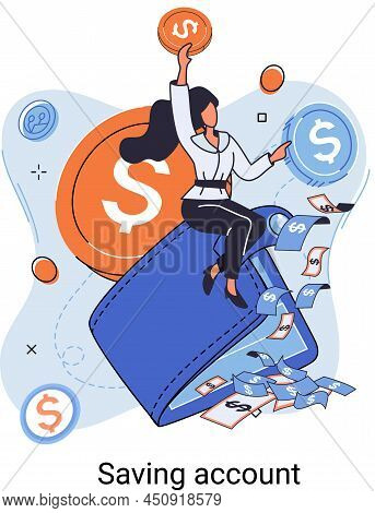 Saving Account Concept. Rich Successful Woman Sitting On Wallet. Accumulation Of Funds, Wealth, Pass