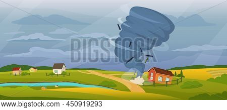 Cartoon Rural Landscape With Tornado, Hurricane Storm Destroying Houses. Whirlwind, Stormy Weather, 