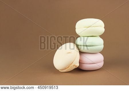 Delicious Sweet Colorful Marshmallows Looks Like Macarons, French Meringue Cookies Macaron. Brignt M