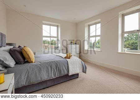 Radwinter, Essex - Sept 12 1018: Modern Bright Furnished Bedroom Within Brand New Luxury Home With B