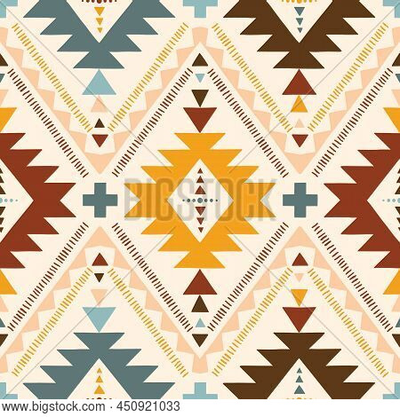 Hand Drawn Earthy Tones Tribal Vector Seamless Pattern. Navajo Graphic Print. Aztec Geometric Backgr