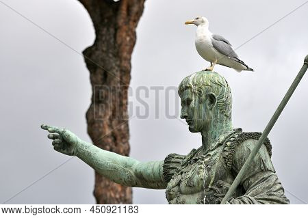 Statue Of The Roman Emperor Gaius Julius Caesar At Street In Rome, Italy