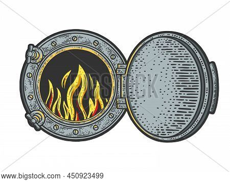 Train Firebox With Fire Flame Color Sketch Engraving Raster Illustration. T-shirt Apparel Print Desi
