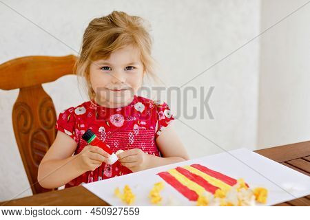 Little Creative Toddler Girl Painting With Finger Colors Popcorn Box And Making Paper Corns With Glu