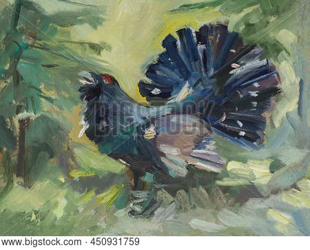 Capercaillie Bird Oil Painting. Illustration Wildlife. Beautiful Original Painting. The Layout Of Th