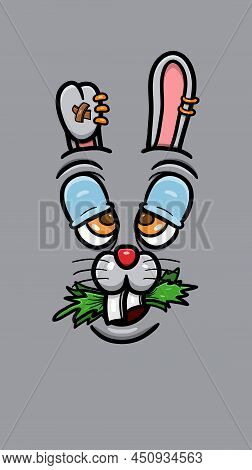 Cute Doodle Rabbit Face With Doodle Expression Eat Marijuana. Vector Poster Walpaper Background. Vec