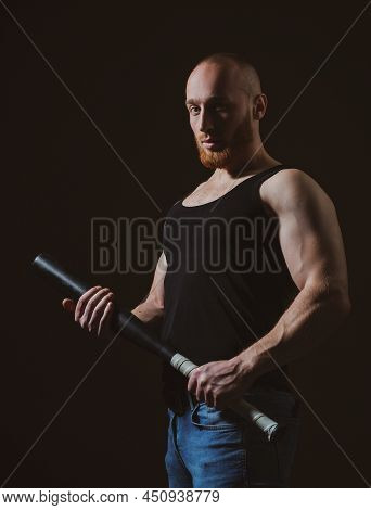 Brutal Angry Gang Man Lifestyle, Serious Handsome Guy. Brutal Man With Baseball Bat For Fighting, Co