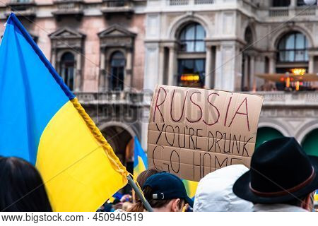 Protest Against War In Ukraine In 2022 With Banners And Flags, Milan