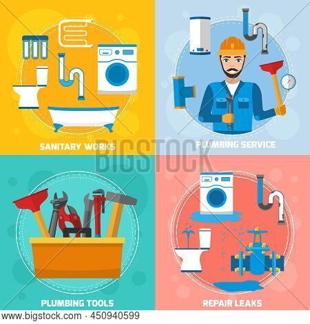 Plumber 2x2 Composition With Flat Images Of Sanitary Technician Character Tubes Repair Leaks And Plu