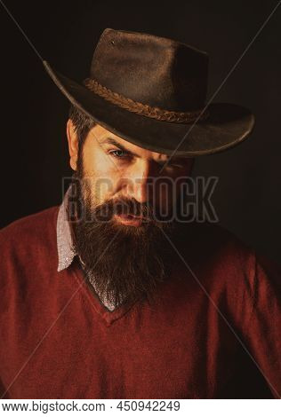 Cowboy Fashion. American West Style. Wild West Rodeo. Man In Leather Cowboy Hat.