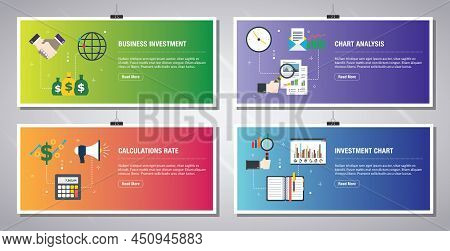 Web Banners Template In Vector With Icons Of Business Investment, Chart Analysis, Calculations Rate 