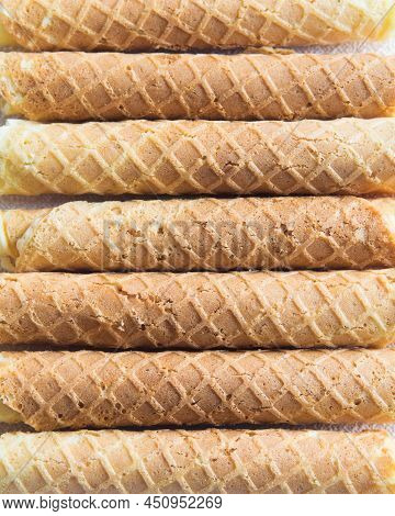 Homemade Wafer Rolls. Thin And Crispy Waffle. Top View, Close-up.