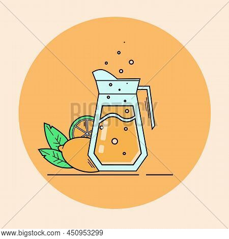 Glass, Funny, Bright, Cartoon Jug With Juice And Lemon With Leaves Vector Illustration Isolated On A