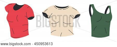 Different Women Top Clothes Isolated. Trendy Female Casual Clothing Set. T-shirt, Shirt And Vest. Di