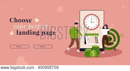 People Working With Planning Schedule. Tiny Man And Woman Scheduling Tasks In Business Calendar Flat