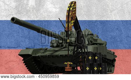 Close-up Of Russian T90 Tank On Oil Platform And Oil Barrels. Russian Concept Of War Russia Ukraine.