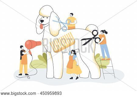 Tiny People Trimming Huge Dog Flat Vector Illustration. Man And Women Cutting Animal Wool, Combing A