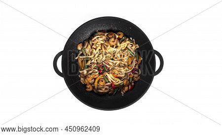 Wok Noodles With Seafood Isolated On A White Background. Pasta With Shrimp And Mussels.