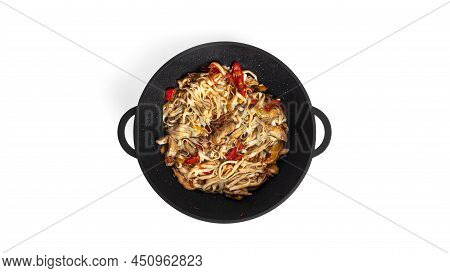 Wok Noodles With Chicken Isolated On A White Background. Pasta With Chicken Fillet.