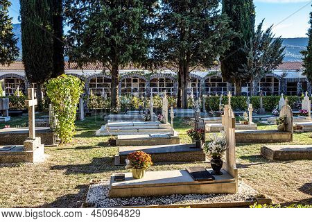 Detail On The Christian Graveyard With Marble Tombs And Crosses In Jaca, Spain. Cementerio Municipal
