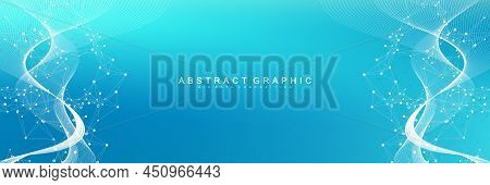 Digits Abstract Background With Connected Line And Dots, Wave Flow. Digital Neural Networks. Network
