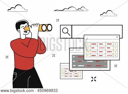 Man With Binoculars. Young Guy Studies Page. Seo Specialist Optimizes Website. Modern Technologies A