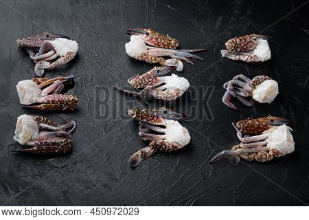 Fresh Raw Blue Swimming Crab Ocean Gourme Parts Set, On Black Background