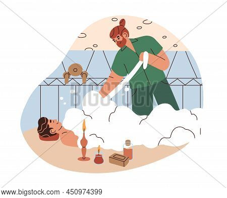 Foam Massage In Turkish Bath, Hammam. Person Relaxing While Masseur Treating Him With Traditional Bu