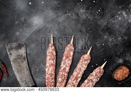 Lyulya Kebab, Meat Dish For Cooking Set, On Black Dark Stone Table Background, Top View Flat Lay, Wi