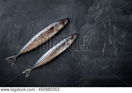Raw Mackerel On Black Background, Top View With Copy Space.